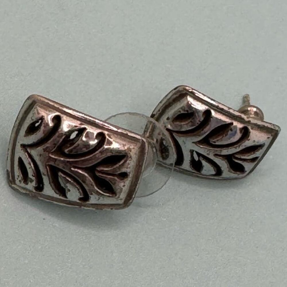 Brighton Silver Plated Rectangle Deco Leaf Floral Design Stud Earrings